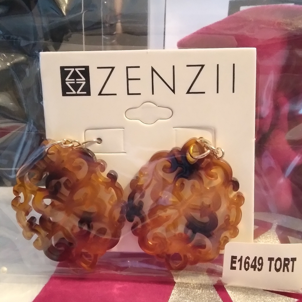 Tortoise Shell Damask Resin Hook Earrings 2" Drop